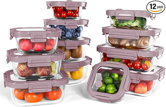 BOROHOUSE 12-Pack Glass Containers with Tempered Lids – Borosilicate, Oven-Safe(-4°F~950°F), Airtight, BPA-Free, Multi-Size for Meal Prep, Dishwasher Safe (Pink)