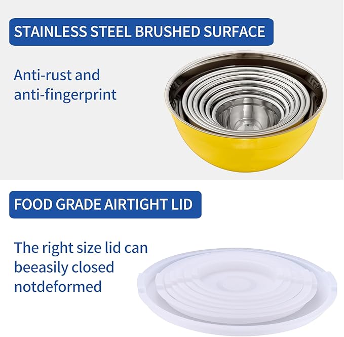 Moxinox Yellow Mixing Bowls with Airtight Lids, Stainless Steel Nesting Mixing Bowls Set of 7, Ideal for Baking, Prepping and Serving Food, Size 7, 3.6, 2.7, 2.1, 1.5, 1.1,0.8 QT, Stackable Design