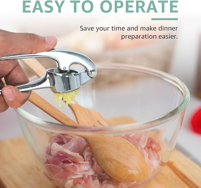 GD Premium Garlic Press Set – Rust-Proof Garlic Mincer Crusher smasher Tool – Easy-Squeeze, Easy-Clean with Soft Ergonomic Handle – Dishwasher Safe, Includes Silicone Peeler & Brush (Imperial Silver)