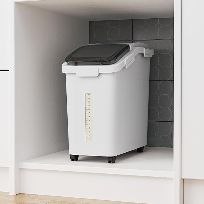 DWVO Large Ingredient Storage Bins, 11.4-Gallon Flour Rice Food storage Containers Bins with Wheels, Scoop and Airtight Lid for Dry Food, Flour, Cereal Grain, Sugar, White