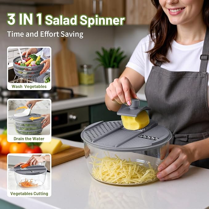 SmartTrends Salad Spinner, 5.3 QT Lettuce Spinner with Strainer, Fruit Cleaner with 4 Replaceable Blade for Shredding, Slicing and Pureeing, Salad Washer & Dryer for Quick Washing (Grey)