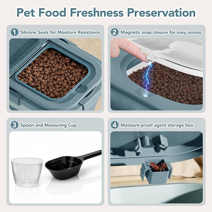 15 Lbs Dog/Cat Food Storage Container,Collapsible Food Storage Containers with Rolling Wheel Airtight Locking Lid,Pet Food Storage Container with Cup and Scoop,Blue