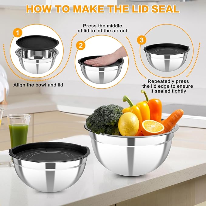 YJSLICT 7 Piece Stainless Steel Mixing Bowls with Lids Set, Metal Mixing Bowls Nesting Design Salad Bowl for Kitchen Cooking, Baking, Prepping and Serving Food (Size 0.7, 1.1, 1.5, 2.1, 3.5, 4, 4.5QT)