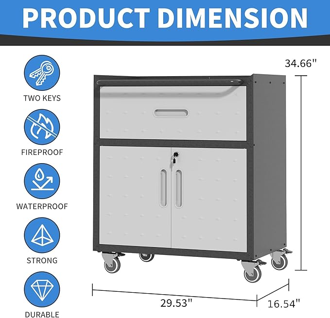 BIZOEIRON Metal Storage Cabinet with Wheels, Rolling Tool Cabinet with Adjustable Shelve, Locking Garage Storage Cabinet with 1 Drawer and 2 Doors for Tools, Assembly Required (Black/Grey)