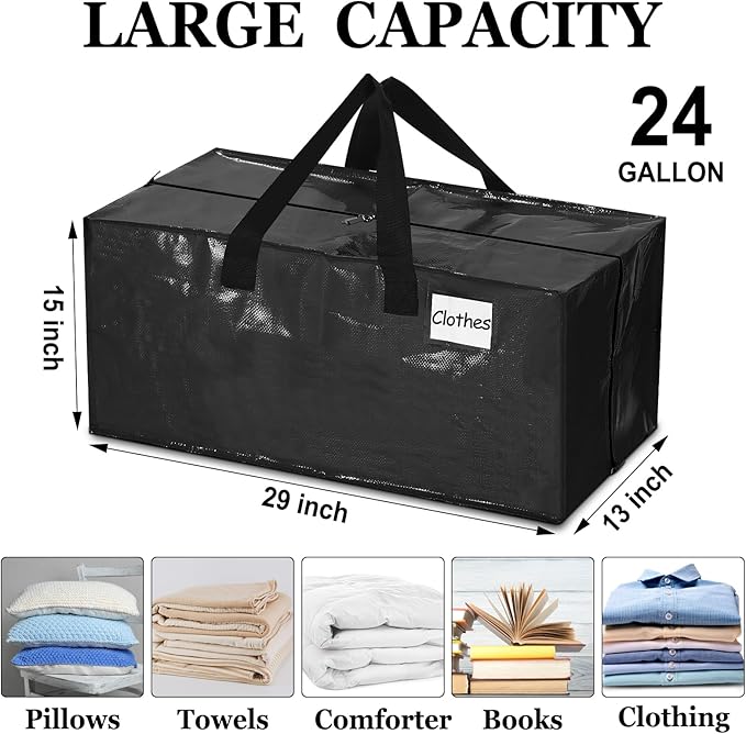 4 Pcs 24 Gallon Extra Large Moving Bags Heavy Duty Storage Bag with Strong Zipper Handle Foldable XXL Jumbo Storage Tote Packing Moving Box for College Dorm Travel Cloth Duffle (Black)