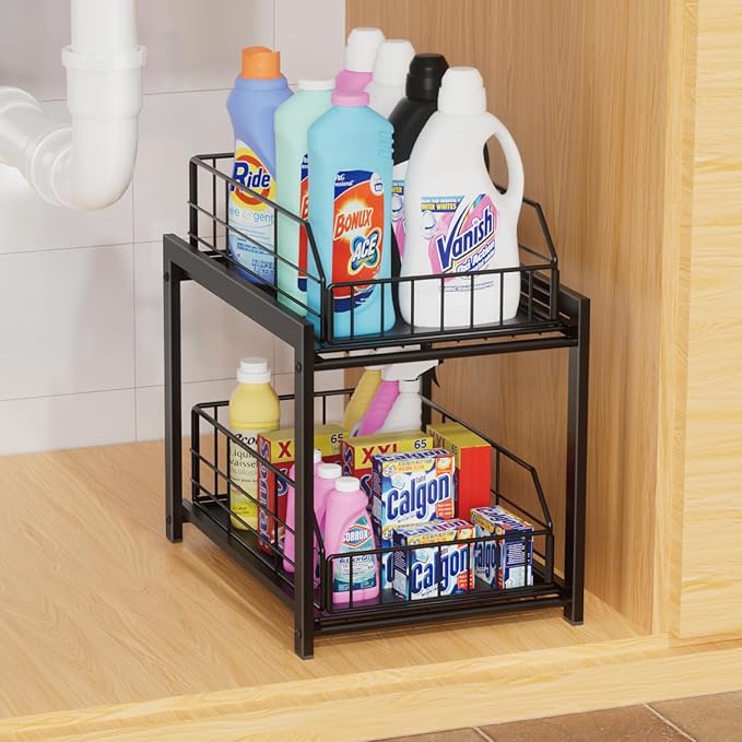 Lxmons 2 Tier Sliding Basket Drawer Organizer, Pull Out Under Sink Cabinets Organizers, Metal Home Shelf for Bathroom or Kitchen, Sliding Countertop or Pantry Storage Shelf, Black