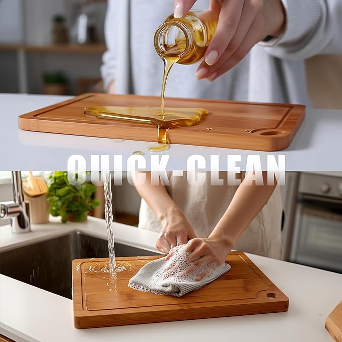 CASAFIT 3 Pack Bamboo Cutting Boards for Kitchen, No Slip Chopping Boards with Juice Groove, Multi-Size Cutting Board Set for Meat Vegetable Fruit for Home & Housewarming Gfit, Wooden Chopping Board