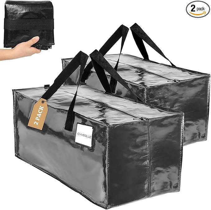 CHVEGLUZ 2 Packs Moving Bags Heavy Duty Extra Large,Storage Bags with Zipper&Handles, Sturdy&Durable Clothes Storage Bags Totes for College Dorm Essentials, Moving Boxes for College Supplies, Black