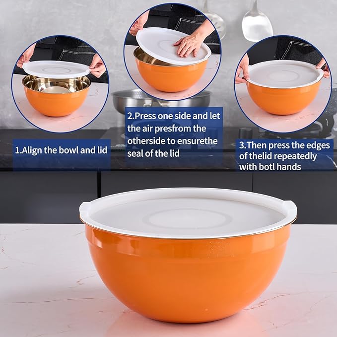 Onlycooker Orange Mixing Bowls With Airtight Lids,Stainless Steel Bowl,Salad Bowls 7 Piece Colorful Nesting Bowl Orange Kitchen Accessories,Size 7,3.6,2.7,2.1,1.5,1.1,0.8QT Stackable Design