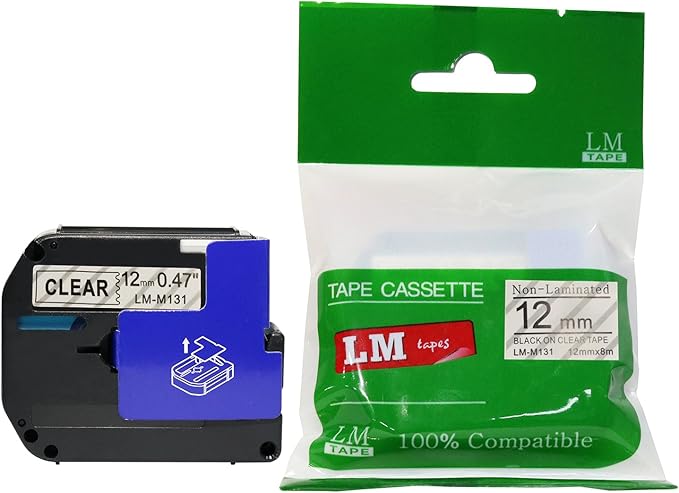 LM Tapes - Premium Compatible 1/2" (12mm) Black on Clear M Series P-Touch Tape, Replaces M131
