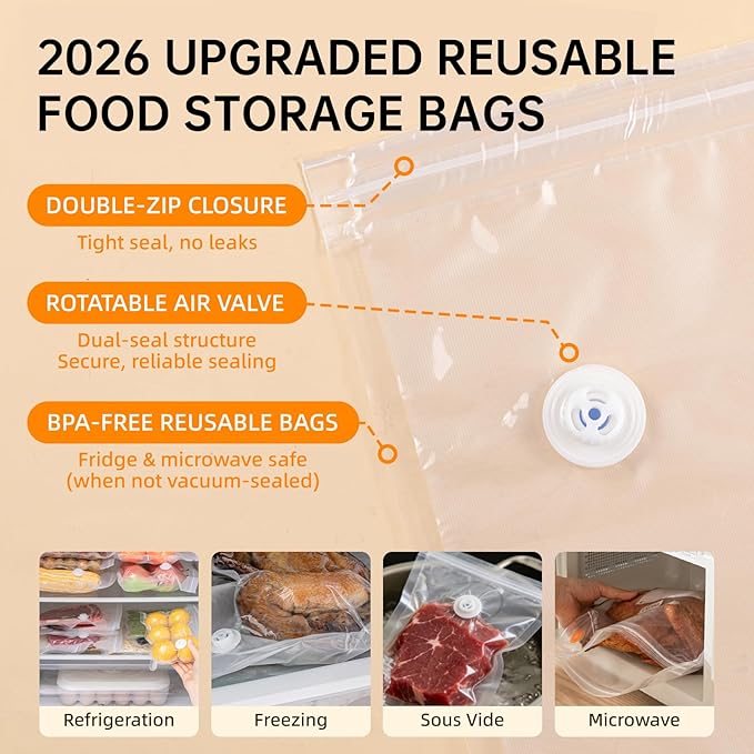 Compact Handheld Vacuum Sealer for Food with Visible Tank, Wireless Portable Vacuum Sealer Machine + 15 Reusable Bags, 8X Longer Freshness & Preservation, White