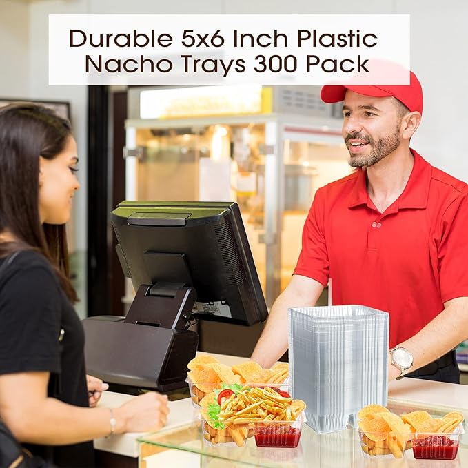 Vesici 300 Pcs 12oz Nacho Trays Disposable 2 Compartment Food Snack Tray Concession Stand Supplies Movie Night Clear Plastic Cheese Dip and Chip Holder for Candy School