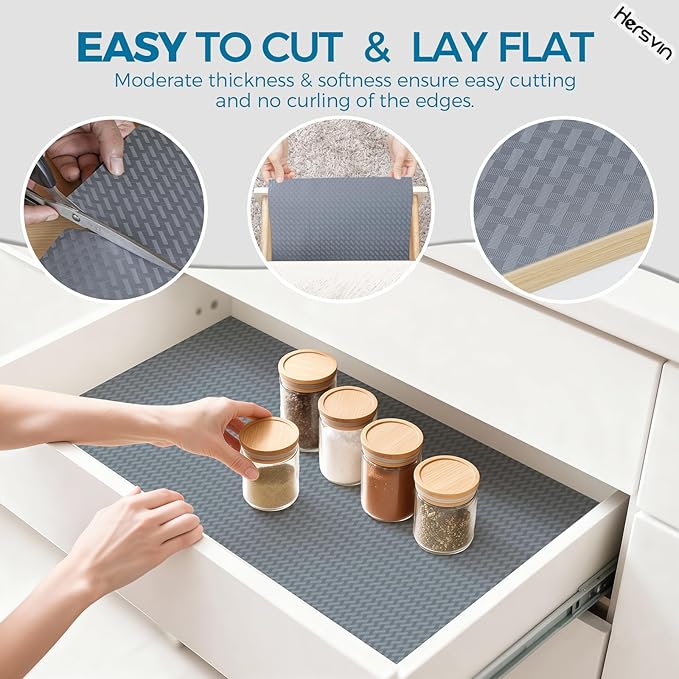 Hersvin Shelf Liners 24 in x 20 ft EVA Drawer Mats, Non-Adhesive Cupboard Pad, Kitchen Cabinet Lining Fridge Cushion (Gray Crossed Stripe, 61x610cm)