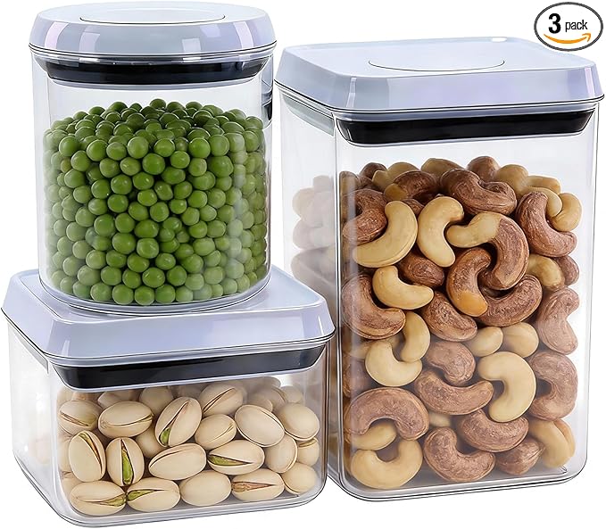 3 Pcs Airtight Food Storage Containers with Lids, Push Button Seal BPA-Free Containers for Kitchen Pantry Organization, 0.65Qt/0.7Qt/1.8Qt for Cereal, Flour, Sugar, Snacks Dry Food Storage