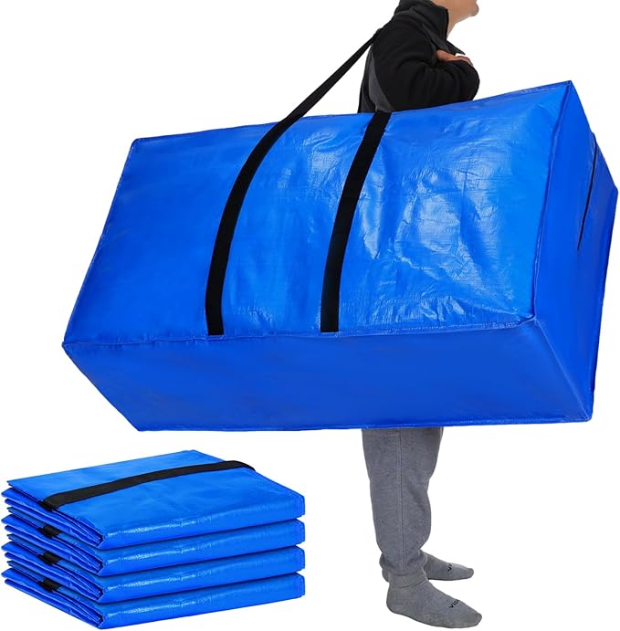 Windyun 4 Pack 57 Gallon Extra Large Moving Bags XXL Heavy Duty Storage Bag with Strong Zipper Handle Jumbo Big Tote Box Foldable for College Dorm Travel Clothes Duffle Blanket Pillow(Blue)
