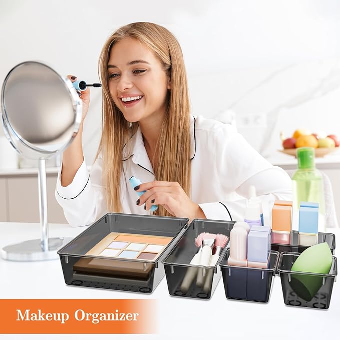 25 PCS Plastic Drawer Organizer Set, 4-Size Versatile Organizer Trays & storage Bins for Makeup, Jewelry, and Gadgets in Bathroom, Bedroom and Office,Clear Black