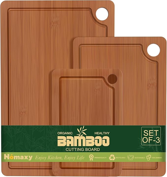 Homaxy Bamboo Cutting Board for Kitchen Set of 3, Wooden Cutting Boards with Non-Slip Mat Deep Juice Groove and Built-In Handles, Wood Chopping Board Set for Meat Fruits & Vegetables