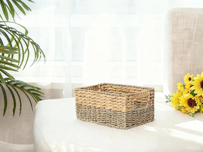 YAHUAN Natural Water Hyacinth & Seagrass Woven Storage Baskets – Wicker Storage Basket Organizer Bins with Handles for Home & Office Pantry Shelf (Small)