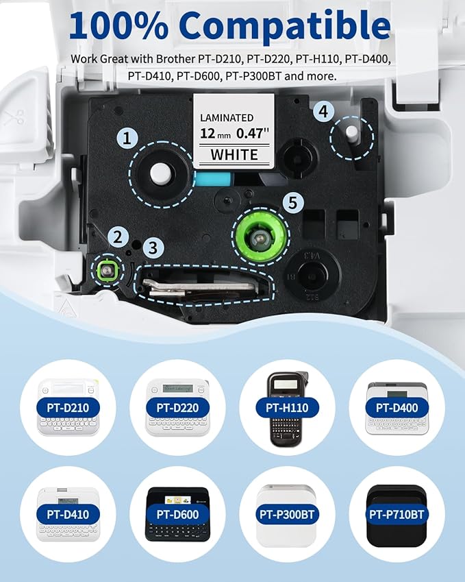 8-Pack TZe-231 TZe231 TZe TZ Tape 12mm 0.47 Laminated White Replacement for Brother P Touch Label Tape Label Maker Refills, Compatible with Brother PT-D220 D210 H110 D400 D600, 1/2 Inch