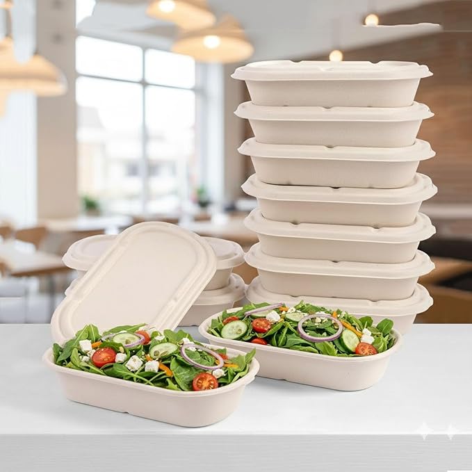 SharpRealm 24oz Disposable Meal Prep Food Containers with Lids and Forks, 50 Pack Sugarcane Fiber Pulp Paper Take-Out Boxes, Microwave and Freezer Safe for Lunch, Salads, Home or Restaurant Use