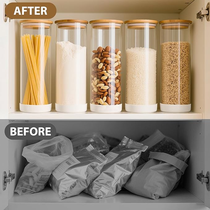 73oz Glass Spaghetti Containers for Pantry Organization, 3-Pack Large Airtight Food Jars with Bamboo Lids and Non-Slip Silicone Bases, Clear Storage Canisters for Pasta, Flour, Cereal, Rice