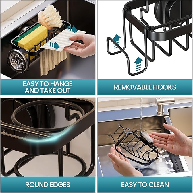 TAILI 4-in-1 Sponge Holder for Kitchen Sink with Strong Suction Cup Removable, Rustproof Aluminum Sink Caddy for Sponge, Brush, Scrubber, Scraper -Black