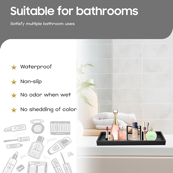 Mriluvy Vanity and Bathroom Tray, 15" ABS Countertop Organizer,Waterproof Vanity Tray for Toilet Tank,Perfume,Soap,Keys,Bathroom Accessories,Kitchen and Bath Trays,Non Slip Small Trays,Black,2 Pack