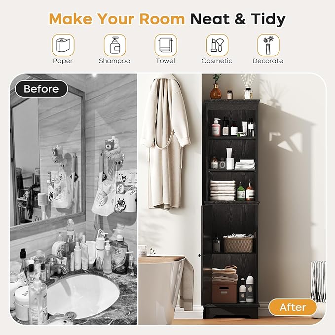 Viroformo Narrow Bathroom Storage Cabinet with Door and Open Adjustable Shelves, 60.9" H Wooden Tall Tower Corner Farmhouse Cabinet, Freestanding Organizer for Kitchen, Entryway Black