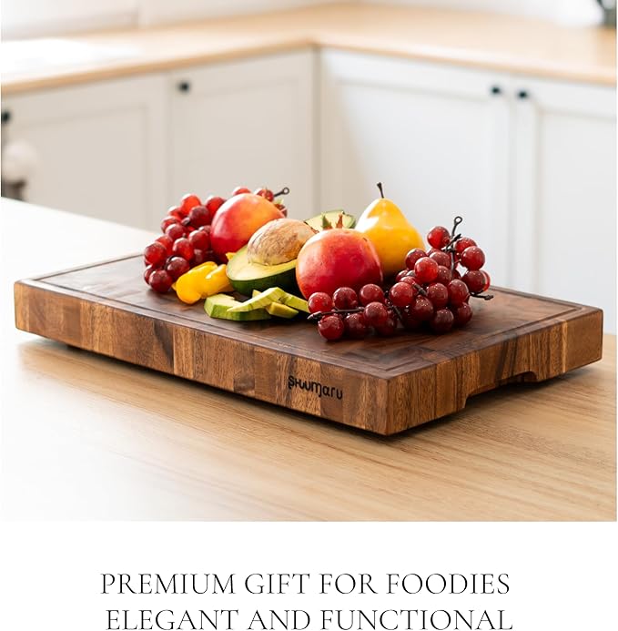 SHUMARU Tropical Walnut End-Grain Wood Cutting Board – 19X12X2" Butcher Block | Handmade in Bali - Silky-Smooth, Juice Groove, Knife‑Friendly, Ergonomic Grips & Non‑Slip Feet