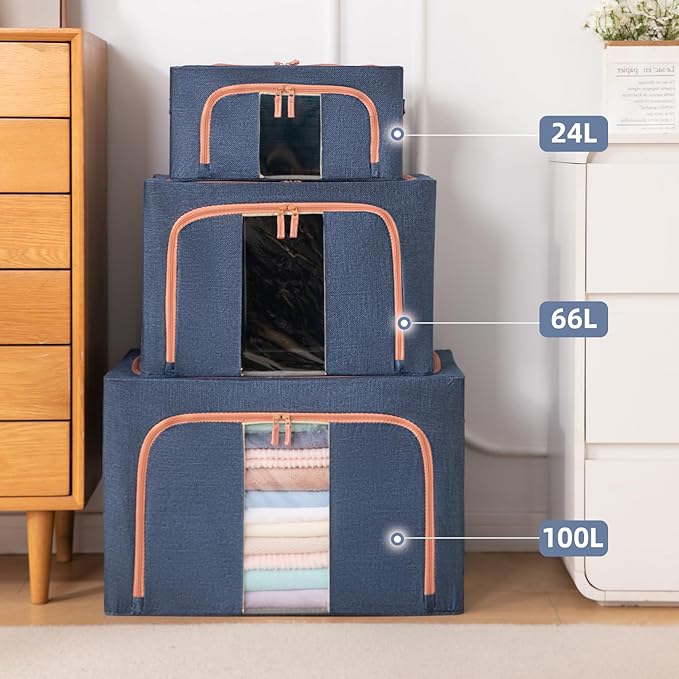 GuliPostan 3 Pack 24L Stackable Clothes Storage Bins with Metal Frame Handles & Zipper, Collapsible Closet Organizer Box with Lid for Bedding Blankets Towel (Navy)