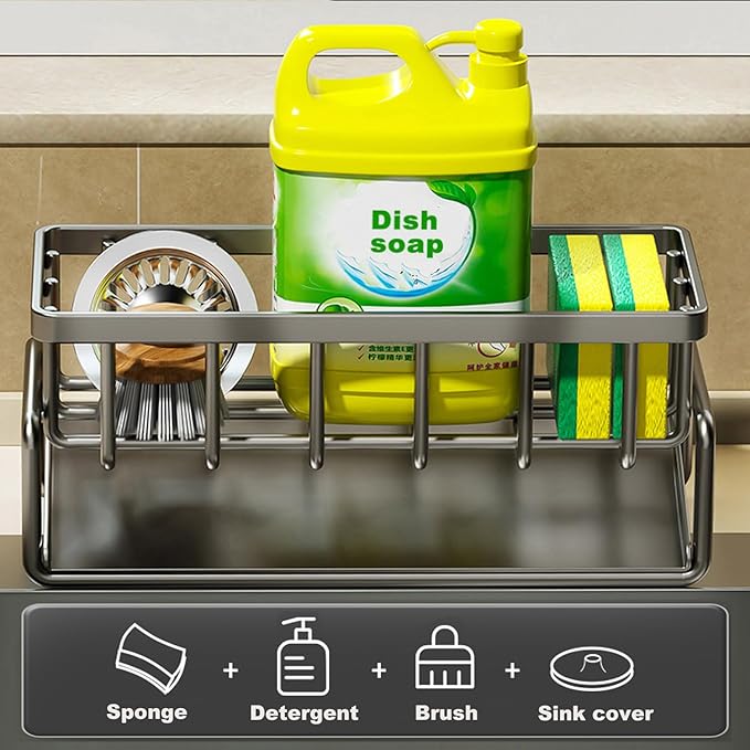 Sponge Holder for Kitchen Sink, Caddy Storage Rack Organizer Countertop Rustproof, Soap Dispenser Kitchen Organizers and Storage