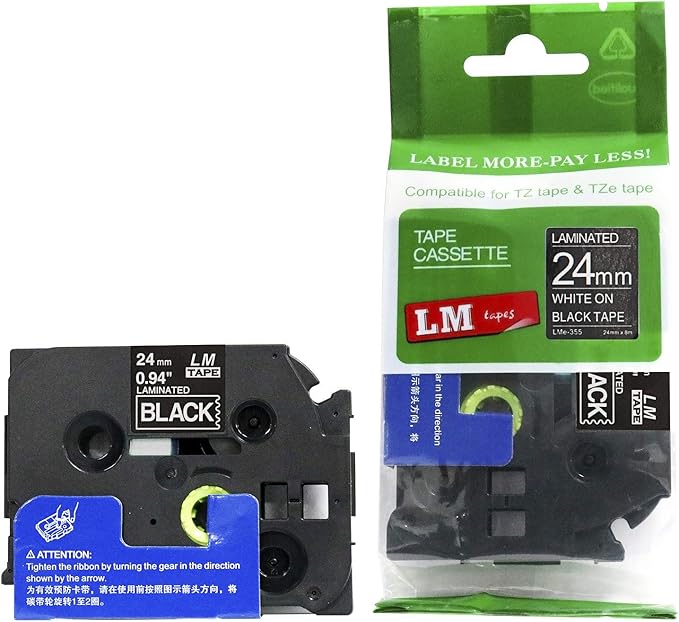 2/Pack LM Tapes - LMe355 Premium 1" White Print on Black Label Compatible with Brother TZe-355 P-Touch and Includes Tape Color/Size Guide. Replaces TZe355 24mm 0.94 Laminated