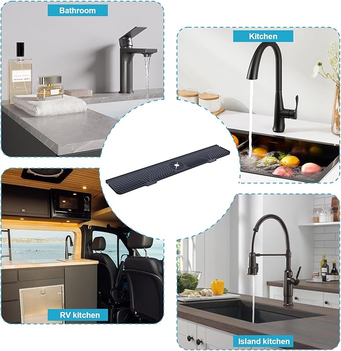 Derlights 33 inch Sink Splash Guard Mat, Silicone Faucet Handle Drip Catcher Tray, Longer Silicone Sink Mat for KitchenBathroom, Drip Protector Splash Countertop (Black)
