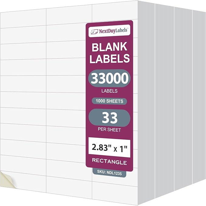 NextDayLabels 2.83x1 Inch Rectangle Stickers White Blank Labels for Laser Inkjet Printer - 33 Per Sheet Self-Adhesive Address Mailing Barcode Made in USA - 33,000 Labels