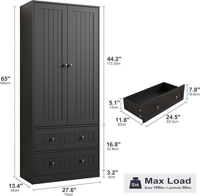 65" H Storage Cabinet, Farmhouse Kitchen Pantry Cabinet with 2 Doors & Adjustable Shelf, Handbag Storage Organizer for Living Room, Bathroom, Kitchen, Black