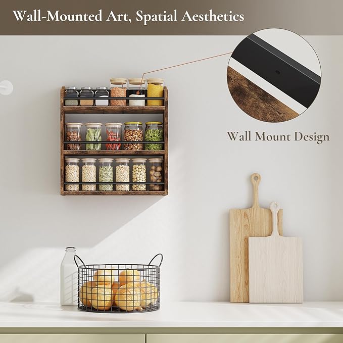 BCOZLUX Spice Rack Wall Mounted, Wood 3 Tier Spice Rack for Countertop, Vertical Spice Organizer for Spice Jars and Seasonings, Hanging Spice Shelf for Kitchen Cabinet, or Pantry, Rustic Brown