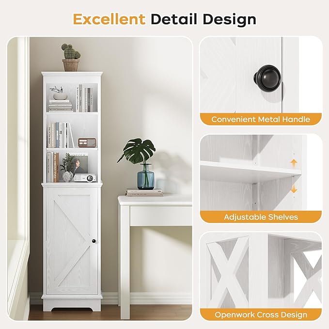 Viroformo Narrow Bathroom Storage Cabinet with Door and Open Adjustable Shelves, 60.9" H Wooden Tall Tower Corner Farmhouse Cabinet, Freestanding Organizer for Kitchen, Entryway White