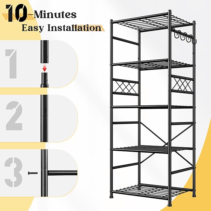 5-Tier Storage Shelves,Sturdy Metal Shelving Unit with Hooks,Wobble-Free Storage Rack with Leveling Feet,Slim Standing Shelf Organizer for Garage Kitchen Pantry,17.7”W×11.8”D ×58.3”H,Black