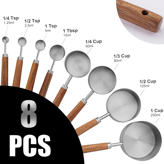SHIKORI Gold Measuring Cups and Spoons Set with Wood Handles, Premium Stainless Steel Measuring Spoons and Measuring Cups Set-Silver