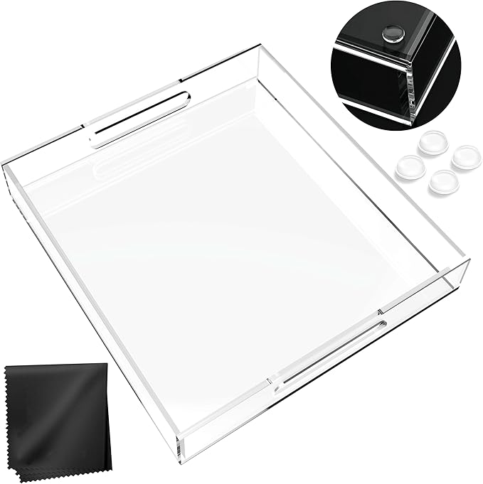 Acrylic Tray 10x10 with Cut Handles - Spill Proof Decorative Tray is an Ideal Countertop Organizer for Living Rooms, Ottoman Coffee Tables, Offices, Kitchens & Serving Guests