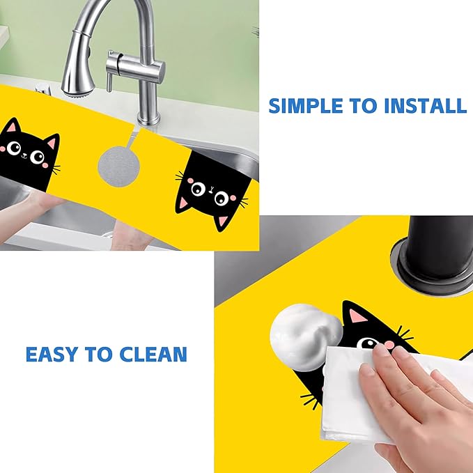 Cute Black Cat Head Kitchen Sink Splash Guard Mat Absorbent Fast Drying Mat Faucet Draining Mat Sink Splash Guard Behind Faucet Drip Catcher for Kitchen Bathroom 5.5"×24"