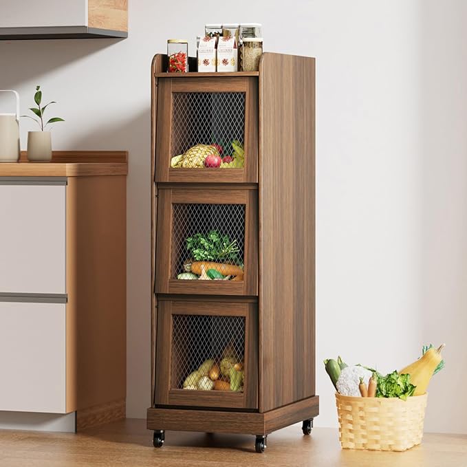 4 Tier Narrow Potato Storage Bin, Tall Wood Potato and Onion Storage Bin with Wheel, Movable Fruit and Vegetable Basket, Food Small Kitchen Pantry Cabinet, Wooden Bread Box, Walnut, Sliding Door