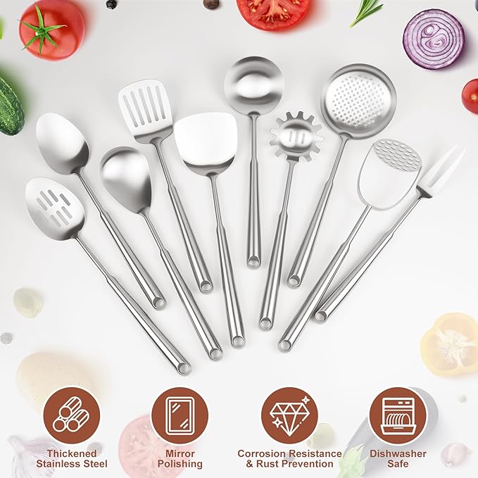 18 10 Stainless Steel Cooking Utensils Set, 10PCS Metal Kitchen Utensils Set for Wok,Kitchen Tools Set Come with Spoon, Fork, Spatula, Ladle, Skimmer, Turner, Pasta Server
