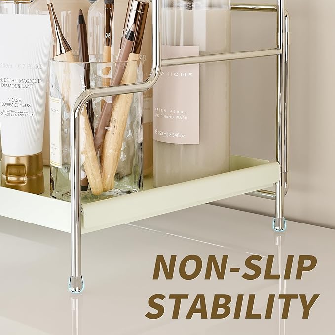 SanDream Foldable 2-Tier Bathroom Organizer Countertop & Vanity Shelf, Durable All-Iron Sink Organizer with Elegant White Finish, Space-Saving for Makeup, Skincare, Kitchen Storage
