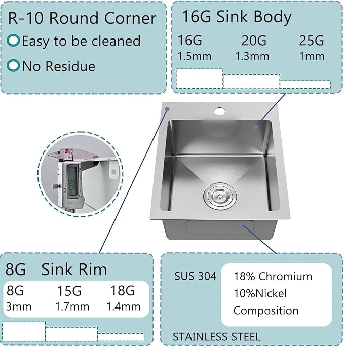 15x17 Inch Bar Sink Drop In, Topmount Kitchen Sink Stainless Steel Square Small Sinks, Single Bowl Kitchen Sinks for Laundry Wet Bar Prep RV Office Outdoor Yard VALISY YJ1517SW
