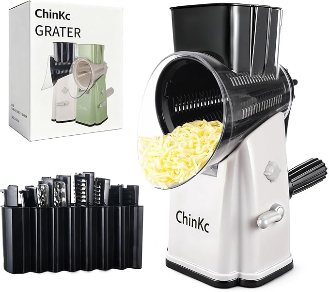 ChinKc Upgrade Rotary Cheese Grater Shredder with Handle, Strong Suction Base, Multi-purpose Rotary Grater Slicer with 5 Interchangeable Blades for Ice, Vegetables, Fruit, Nuts with Blade Storage Box