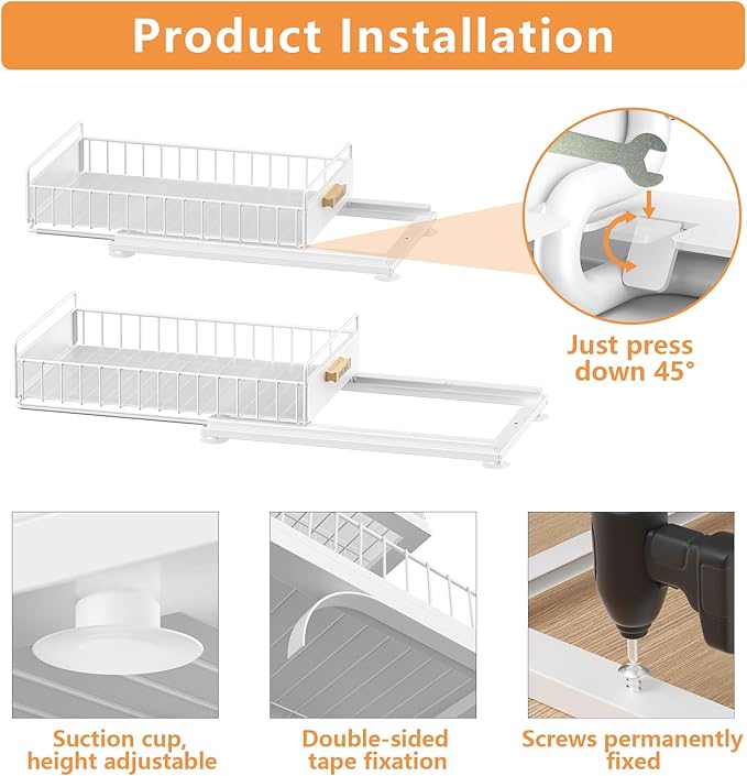 HOMEAILIE Under Sink Organizer, Single Tier Metal Pull Out Sliding Drawer Shelf for Kitchen Bathroom Cabinet Storage, Sturdy Rack – White