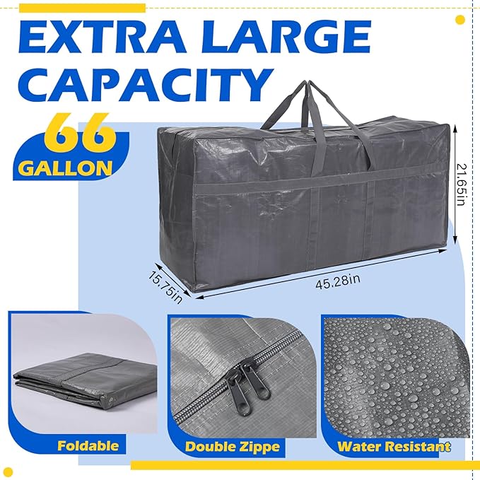 4 Pcs 66 Gallon Extra Large Moving Bags Heavy Duty Storage Bag with Strong Zipper Handle Foldable XXL Jumbo Storage Tote Packing Moving Box for College Dorm Travel Cloth Duffle (Gray)