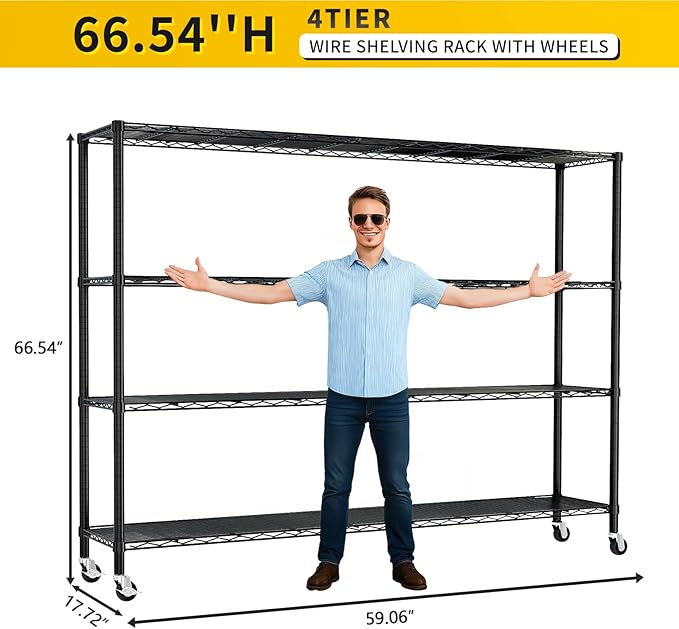 Karl home 4-Tier Metal Storage Shelves, Adjustable Wire Shelving Unit with Wheels & Leveling Feet, Heavy Duty Garage Shelving, Pantry & Kitchen Display Shelf Organizer, Home Storage Rack