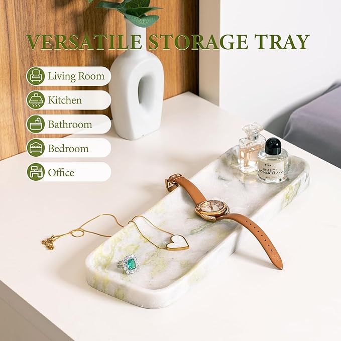 Koville Marble Tray, 12"x4" Marble Vanity Tray for Bathroom Kitchen Countertop Sink, Natural Stone Tray for Home Decor, Decorative Rectangular Narrow Catchall Tray for Jewelry Perfume